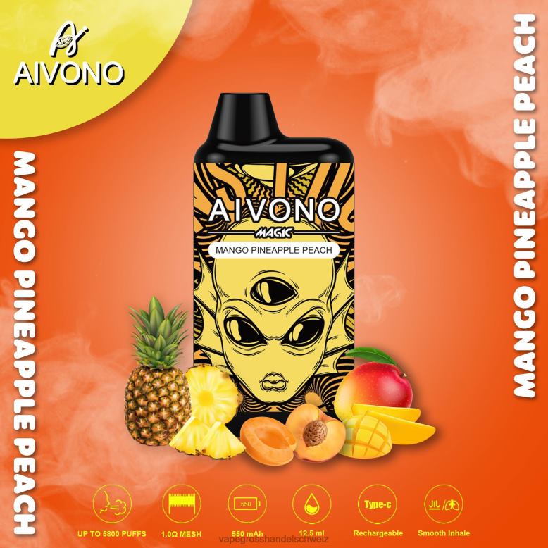 Elektronische Zigarette Ohne Nikotin - Aivono AIM MAGIC 5800 Mundbox-Zigarette Mango-Ananas-Pfirsich 2VFD488