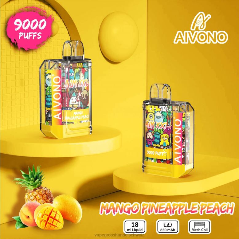 Elektronische Zigarette Flugzeug - Aivono AIM XXL 9000 Mundaufkleber transparent Mango-Ananas-Pfirsich 2VFD449
