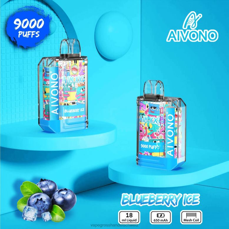 Elektronische Zigarette Iqos - Aivono AIM XXL 9000 Mundaufkleber transparent Blaubeereis 2VFD450