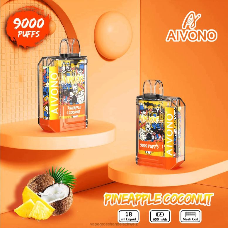 Vape Großhandel Preise - Aivono AIM XXL 9000 Mundaufkleber transparent Ananas-Kokosnuss 2VFD452