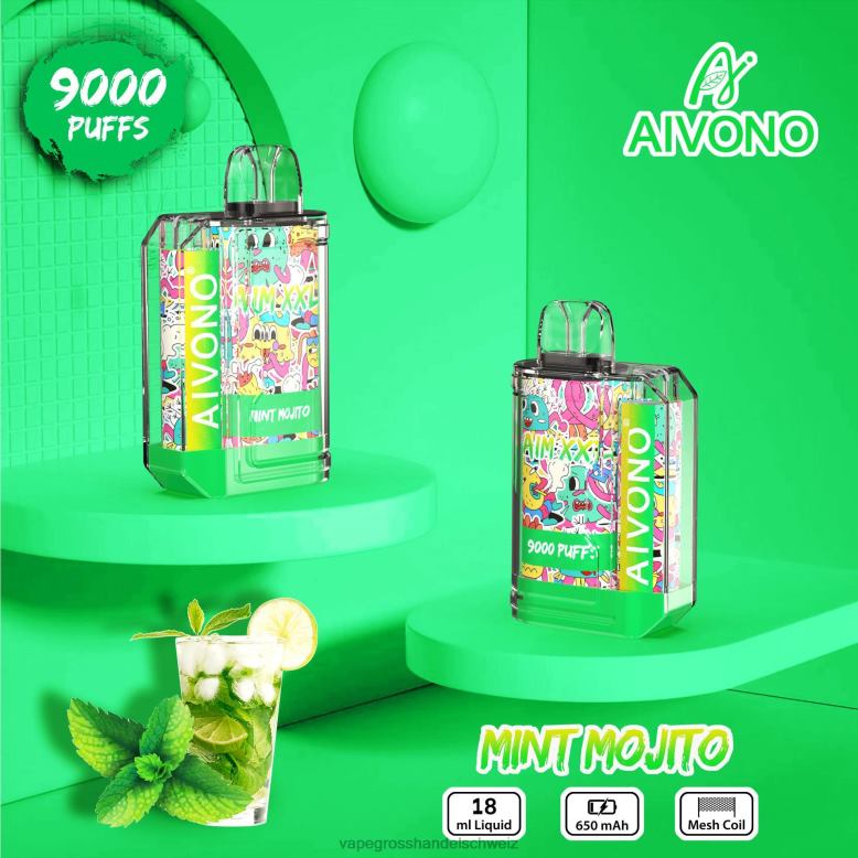Vape Grosshandel Schweiz - Aivono AIM XXL 9000 Mundaufkleber transparent Minz-Mojito 2VFD455