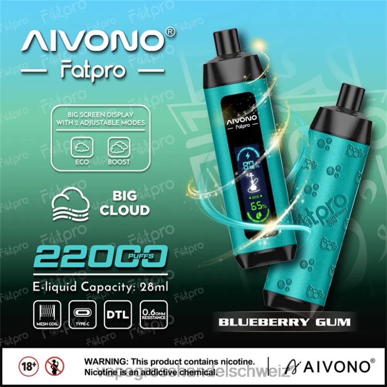 Elektronische Zigarette Flugzeug - Aivono Fatpro 22000 Blaubeergummi 2VFD49