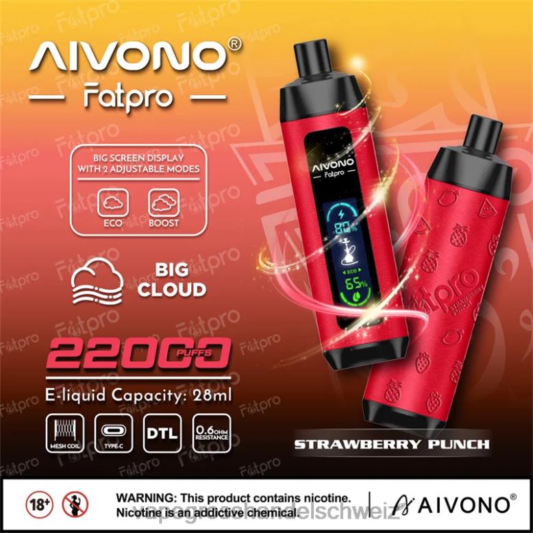 Elektronische Zigarette Ohne Nikotin - Aivono Fatpro 22000 Erdbeerpunsch 2VFD48