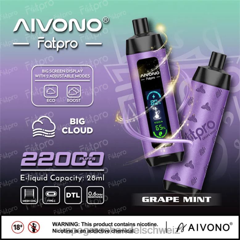 Vape Großhandel Preise - Aivono Fatpro 22000 Traubenminze 2VFD42