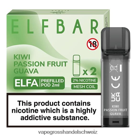 Dampfen Schweiz 666R84326 Kiwi, Passionsfrucht, Guave ELFBAR Elfa vorgefüllte Kapsel – 2 ml – 20 mg (2er-Pack)